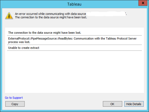 Tableau Protocol Server process error